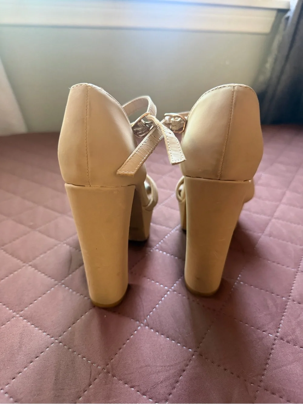 BAMBOO Beige Platform Ankle-Strap High Heels